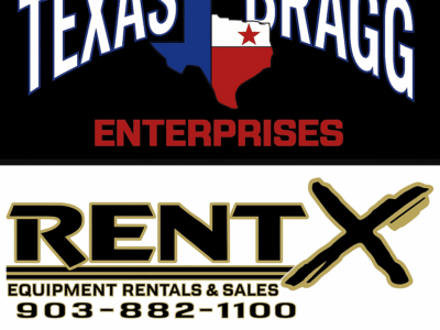 “Texas Bragg Trailers and RentX logos displayed together in a clean promotional graphic, showing partnership and dealership announcement for trailers for sale in East Texas.