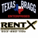 “Texas Bragg Trailers and RentX logos displayed together in a clean promotional graphic, showing partnership and dealership announcement for trailers for sale in East Texas.
