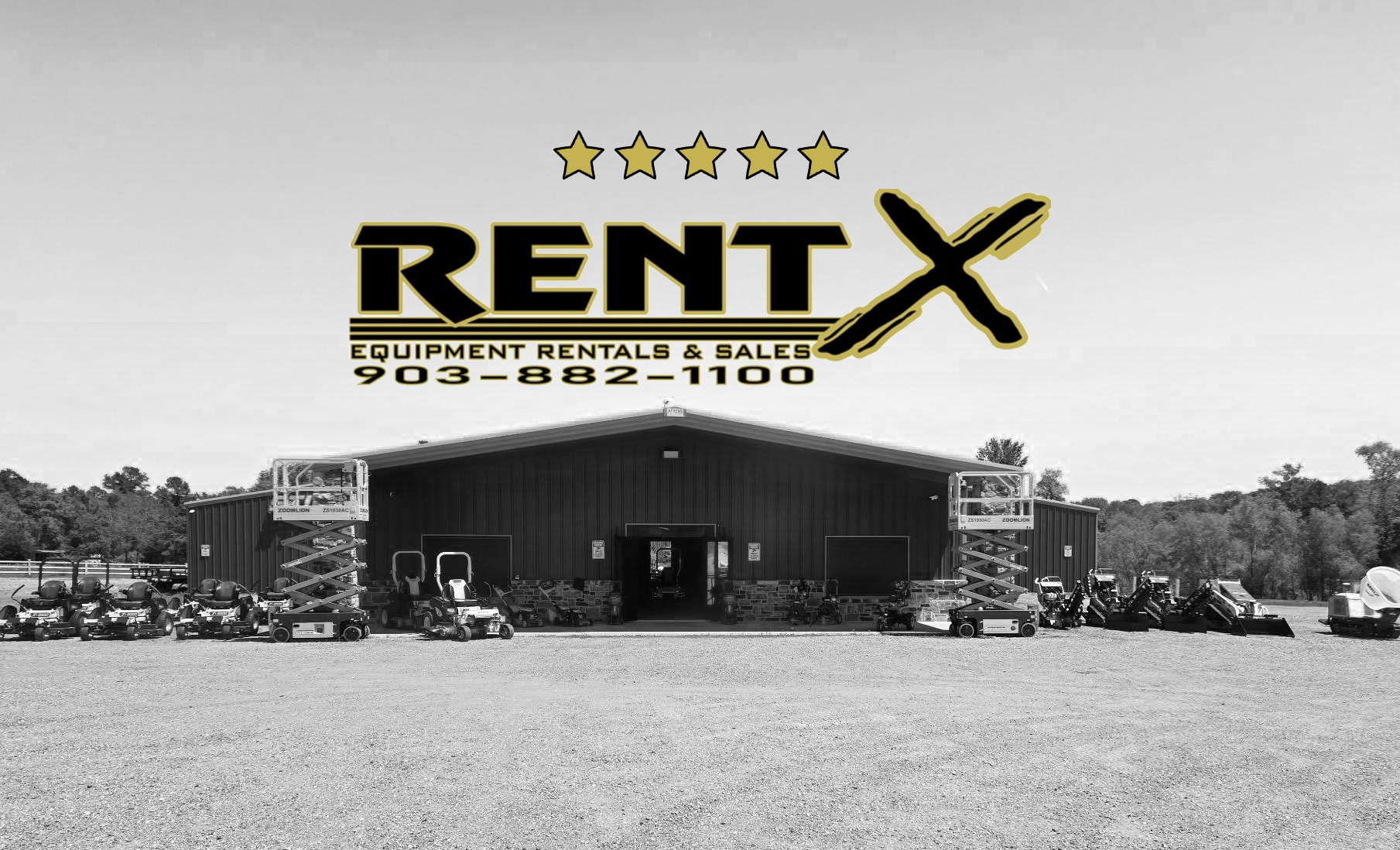 RentX store front with scissor lifts, skid steers, zero-turn mowers, and other heavy equipment for rental and sale near Tyler Texas