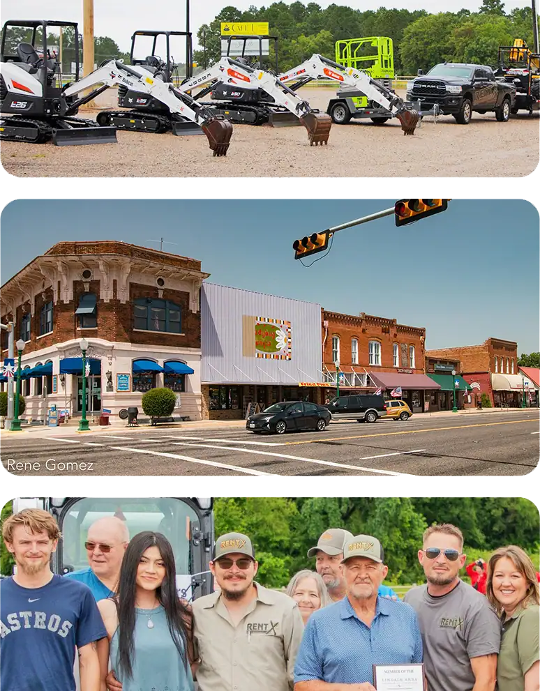 The RentX team posing in front of historic Mineola Main Street, Texas